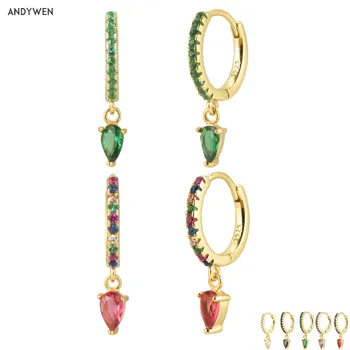 Andywen 100% 925 Sterling Silver Ovals Water Drop Earring Green Zircon CZ Circle Round Loops Crystal Women Piercing Ohrringe