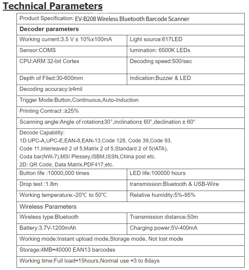 EVAWGIB EV-B208 1D/2D Barcode Scanner Wireless Bar Code Scanner Bluetooth QR Cheapest 2.4GHz Barcode Reader