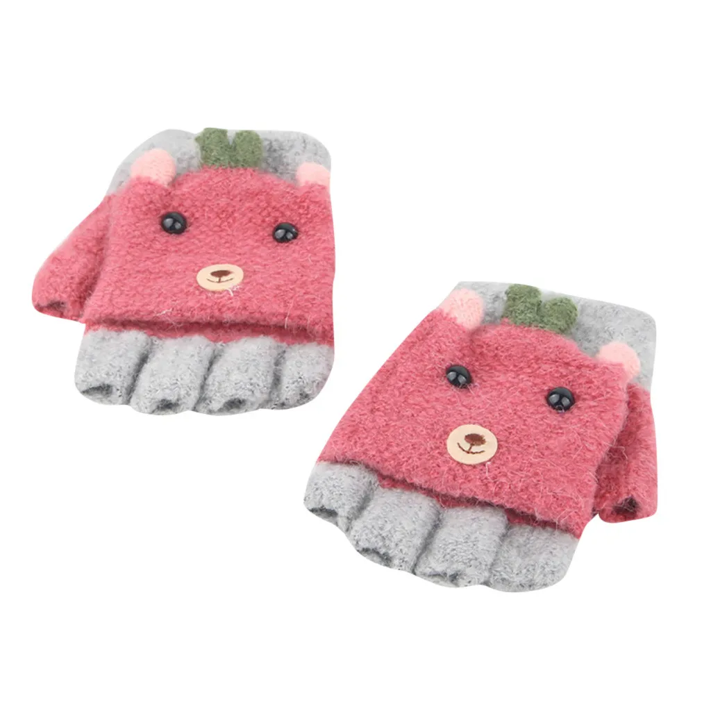 Bear style gloves Unisex Children Plush Flipped Cartoon funny cute Half Finger Outdoors Warm Gloves#j8