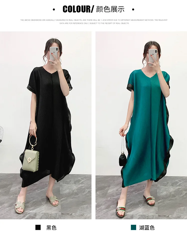 Miyake плиссированные платья трапециевидной формы, одноцветные каскадные оборки, короткие рукава, v-образный вырез, до середины икры, женское платье, Зимняя мода