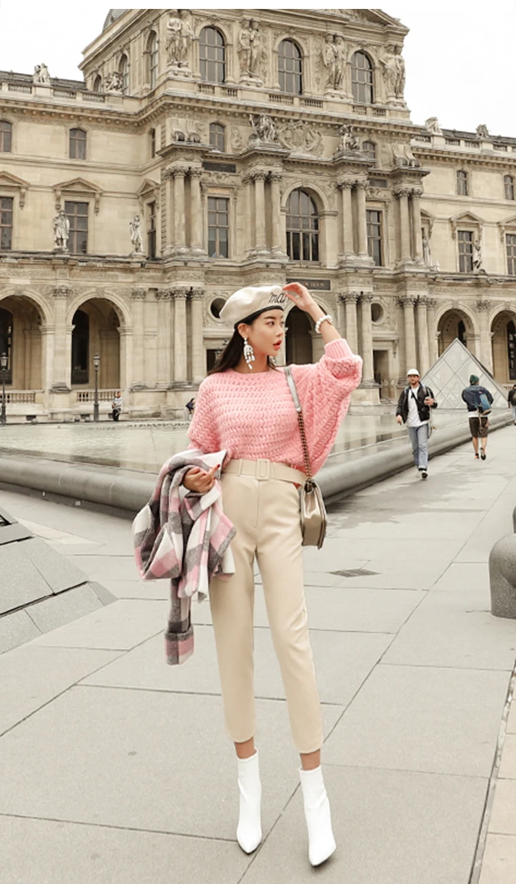 H Han Queen Solid Color Pink Batwing Sleeve Knitted Pullovers Sweater Women Winter New Loose Pullover Sweaters Casual Mujer Tops