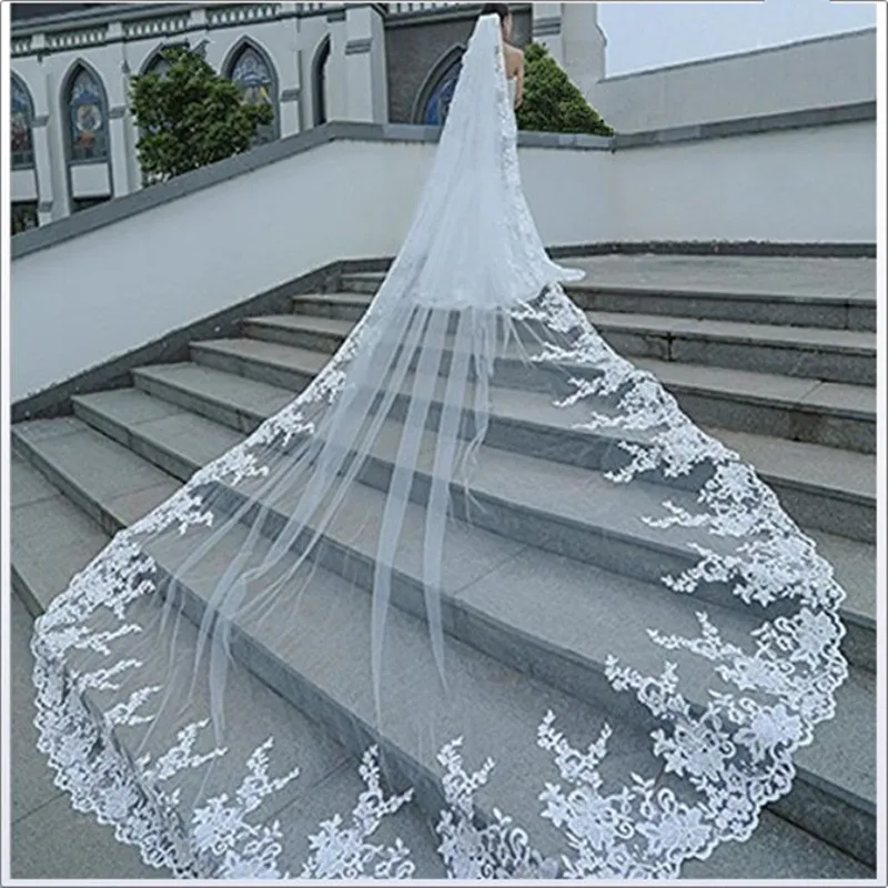 

New Real Picture Bridal Veils White/Ivory 3M/5M Long Cathedral Veil With Lace Applique Edge Free Comb Handmade