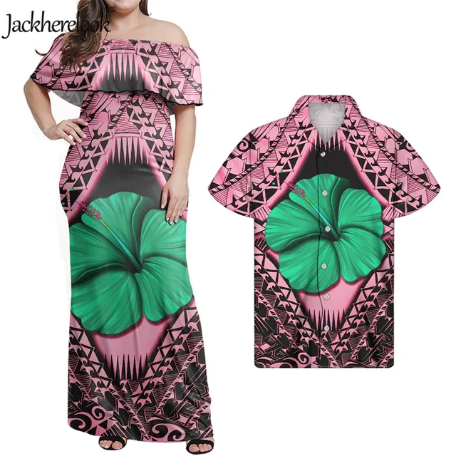 Jackherelook Womens Vintage Maxi Dresses Samoan Hibiscus Polynesian Tribal Brand Design Summer Unisex Clothes Off Shoulder Dress Army Green