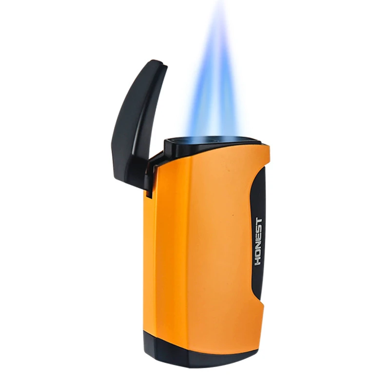 Металлическая зажигалка для сигар, ветрозащитная зажигалка с 2 синими струями пламени, сигаретный фонарь, зажигалка с бутаном, многоразовая зажигалка