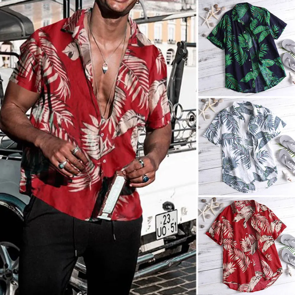 YS33-red,L QHF Mens Hawaiian Printed Shirt Mens Summer Beach Shirt Short Sleeve Casual