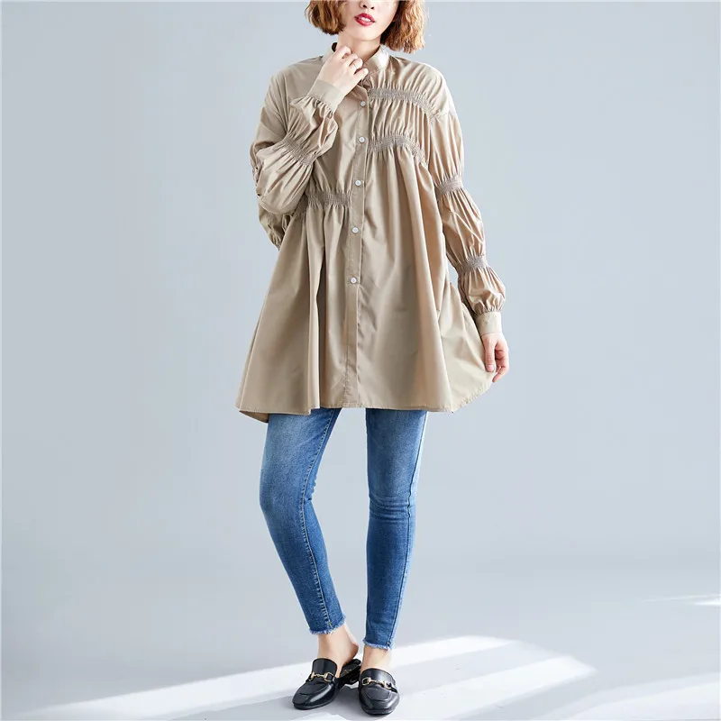 

Johnature 2019 Casaul Korean Autumn New Drape Loose 3 Colors Womens Tops And Blouses Fashion Irregular Solid Color Shirts