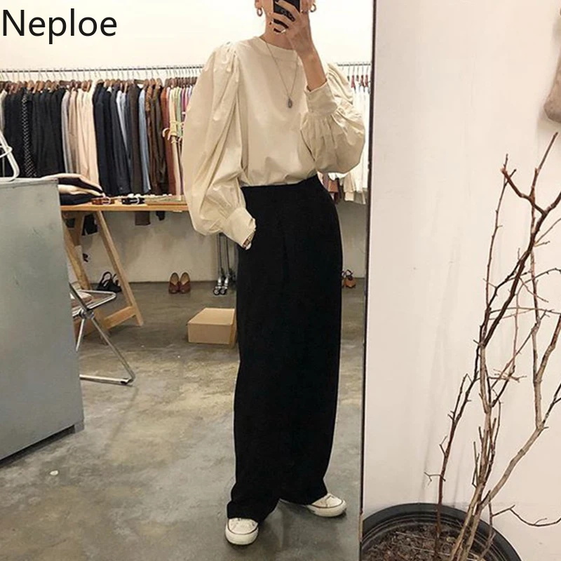 Neploe, весна-осень, Ретро стиль, фонарь, длинный рукав, одноцветная блузка с круглым вырезом, свободная, дикая,, новинка, Blusas, корейский стиль, элегантная рубашка 47229