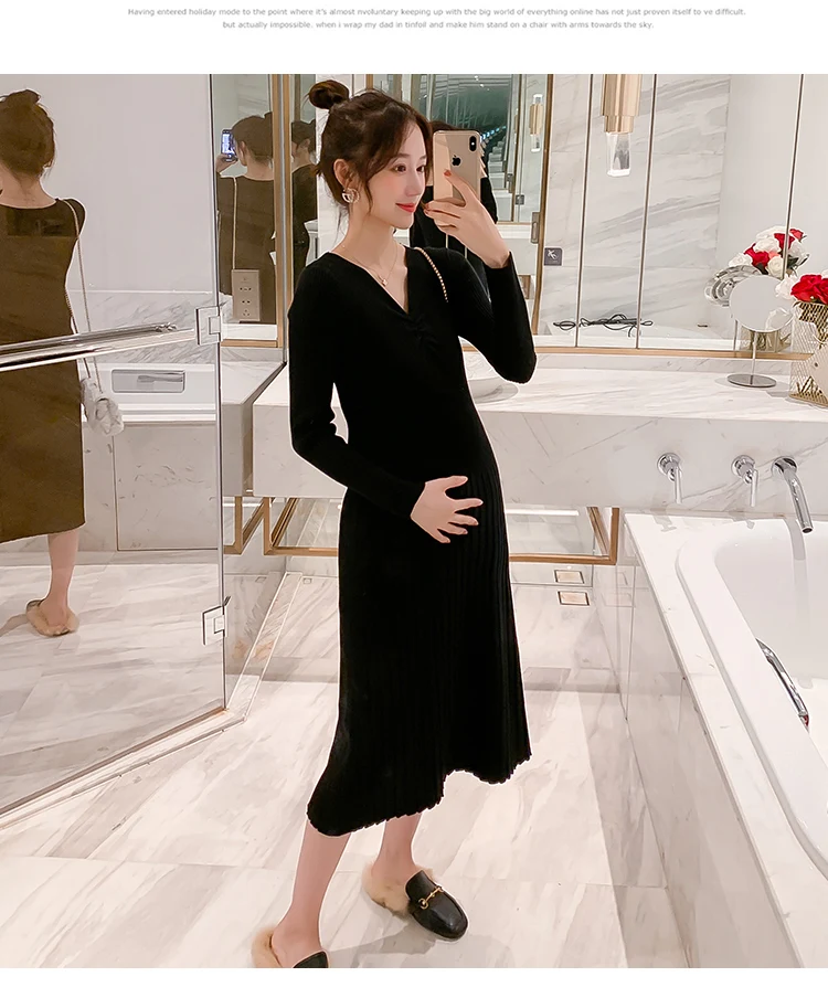 508# осенне-зимнее корейское модное трикотажное платье для беременных с v-образным вырезом, облегающая Одежда для беременных женщин, элегантный кардиган для беременных