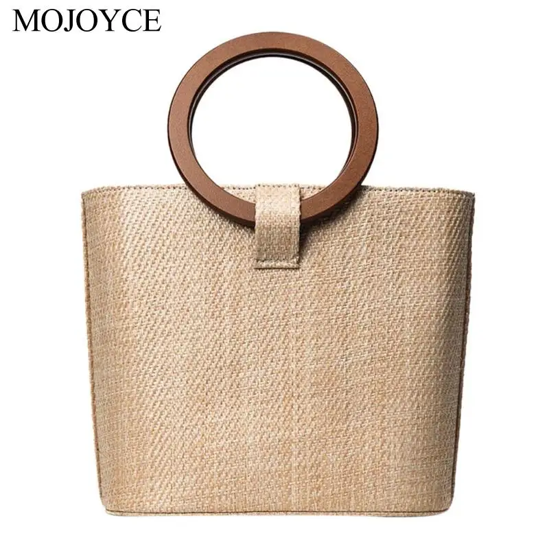 

Circle Wooden Handle Knit Handbag Women Straw Shoulder Satchel Beach Tote