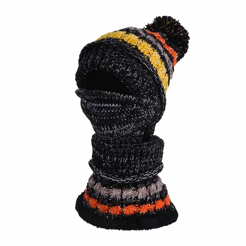 QJ2308B Beanie Hat Scarf Face Mask Set Thick Patchwork Detachable Knitted Cap Neck Warmer Headwear For Winter Outdoor - Color: QJ2308B