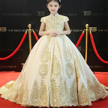 

Elegant Satin Flower Girl Dresses Gold Lace Applique Sleeveless Beauty Pageant Gown for Girls First Holy Communion Party Dresses