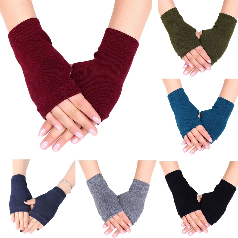 

Unisex Cotton Knitted Fingerless Gloves Solid Color Stretchy Thumb Hole Mittens