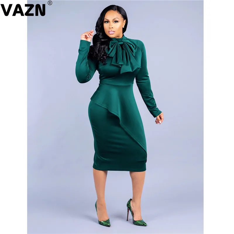 VAZN OMF5079 взрослый возраст нежные повседневные Мягкие свободные офисные сексуальные модные банты полный рукав Талия коллекция женское миди платье