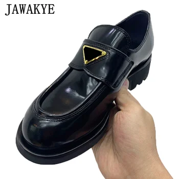 

Triangle Metal Buckle Black Leather Shoes Women Spring British Style Thick Heel Loafers Luxury Platform Flat Casual Shoes Femme