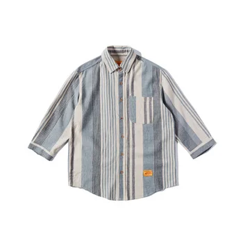 

2019 Summer Camisas Mens Shirt Vintage Stripe Printed Turn Down Collar Three Quarter Sleeve Tops Loose Casual Shirts Mens Blouse
