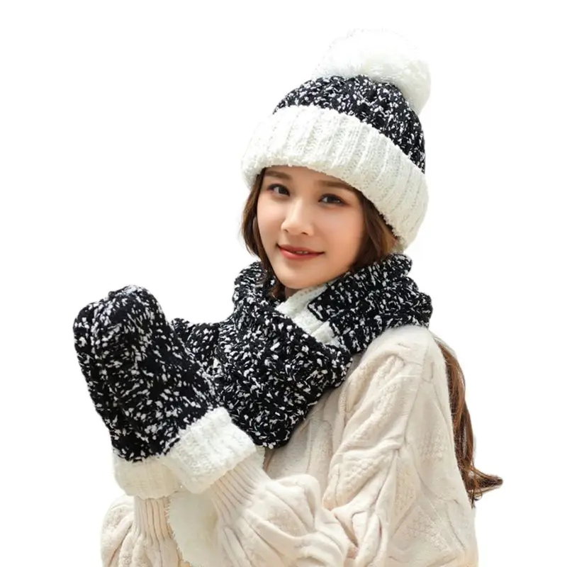 

3Pcs Winter Chunky Knit Snowflake Color Block Beanie Women Hat Scarf Gloves Set