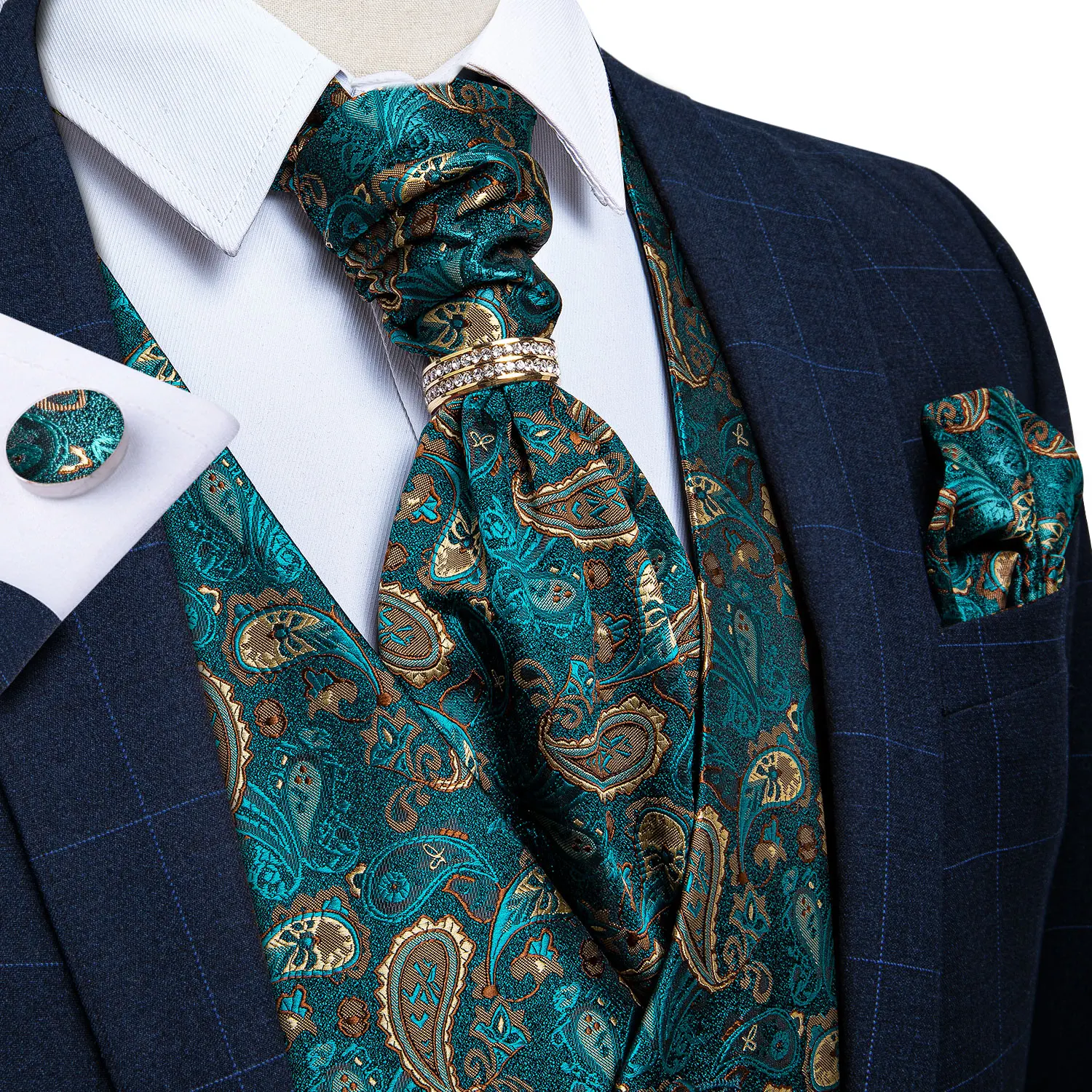 Para hombres de diseñador verde, estampado de seda chaleco Ascot corbata pañuelo pajarita anillo gemelos conjunto chaqueta sin mangas DiBanGu