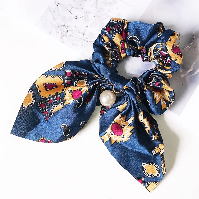 Yellow Navy Blue Большие шифоновые резинки для волос с бантом, модные женские резинки с жемчугом и конским хвостом, резинки для волос, аксессуары для волос, головные уборы - Цвет: Yellow Navy Blue