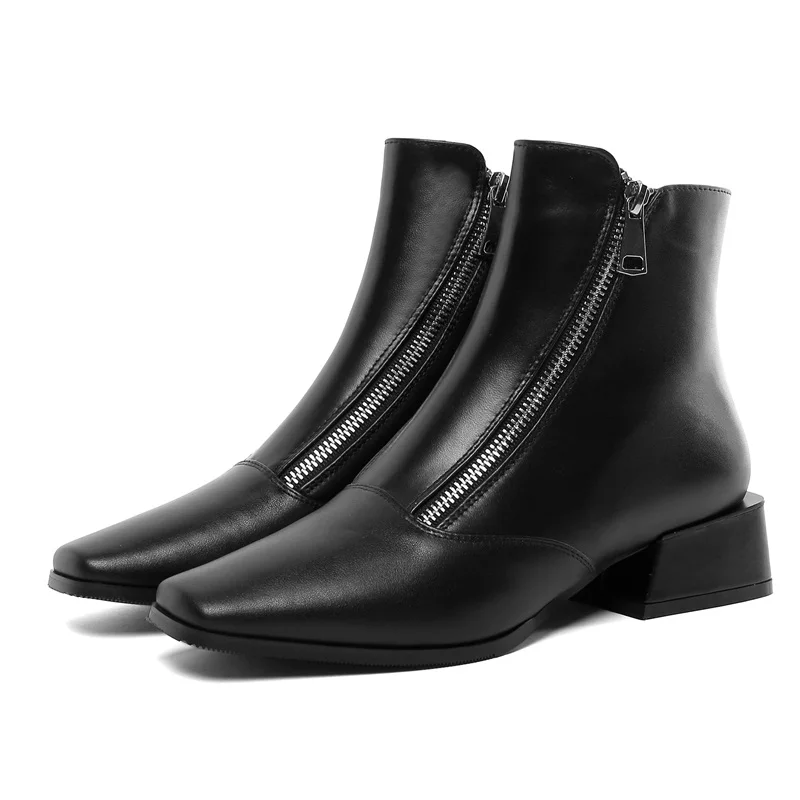 Individual design oblique zipper leather ankle boots fashion shoes woman high heels square toe autumn boots pumps booties mujer