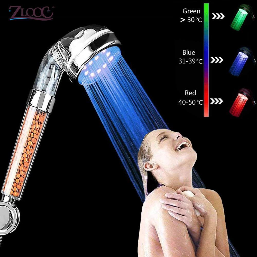 ZloogHotLEDShowerHead37ColorChangingTemperatureControlBathroomHighPressureWater