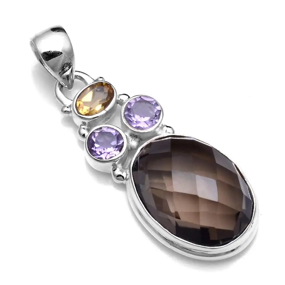 

Genuine Smokey Quartz + Amethyst Pendant 925 Sterling Silver, 42.3 mm, 2SP0710