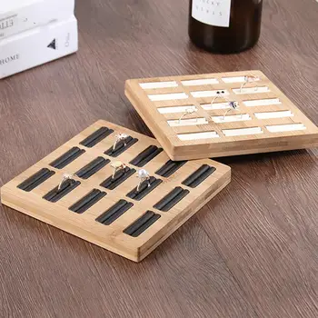 

Bamboo Ring Display Tray Rectangle Large Capacity 15 Slots Leather Insert Jewelry Storage Holder Earring Showcase Organizer