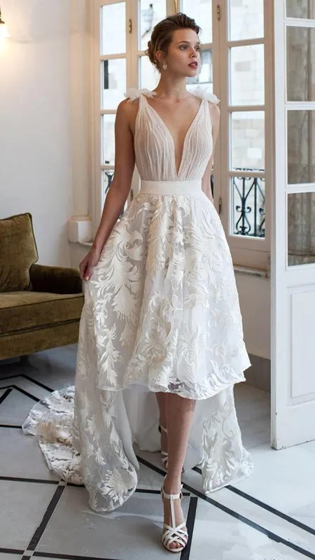 Vestido de novia белое, цвета слоновой кости кружево свадебное пдатье с вырезом на спине линия Новые Высокие Низкие Свадебные платья с v-образным вырезом невесты Летний сад