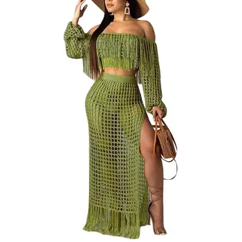 

2Pcs/Set Fashion Summer Club Party Women Sexy Off Shoulder Long Sleeve Tassel Hollow Short Crop Top Bodycon Lady Split Skirt