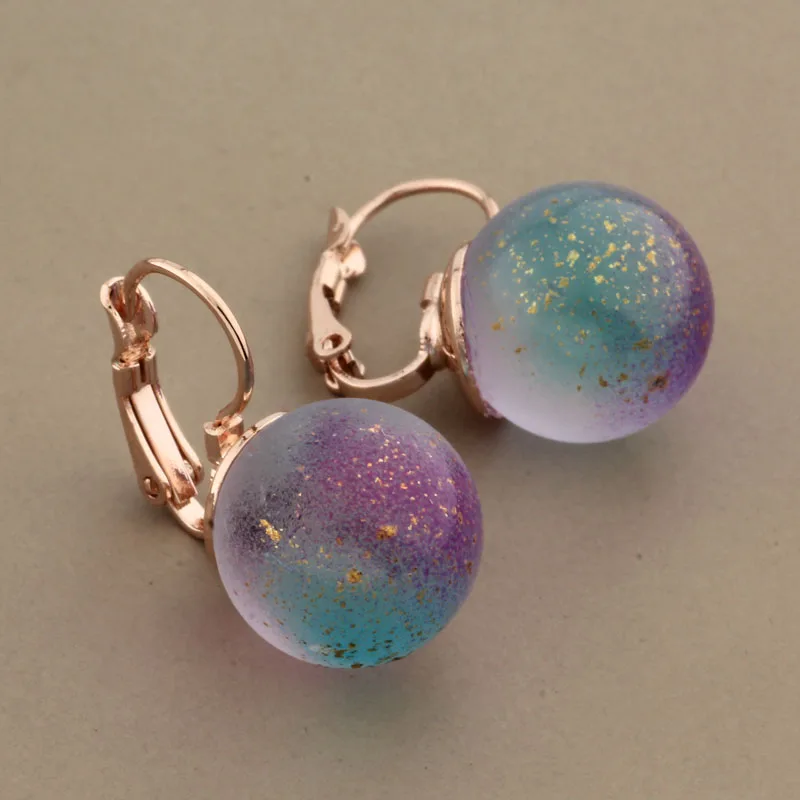 Trend Fashion Round Colorful Glass Ball Dangle Earrings For Women Wedding Rose Gold Color