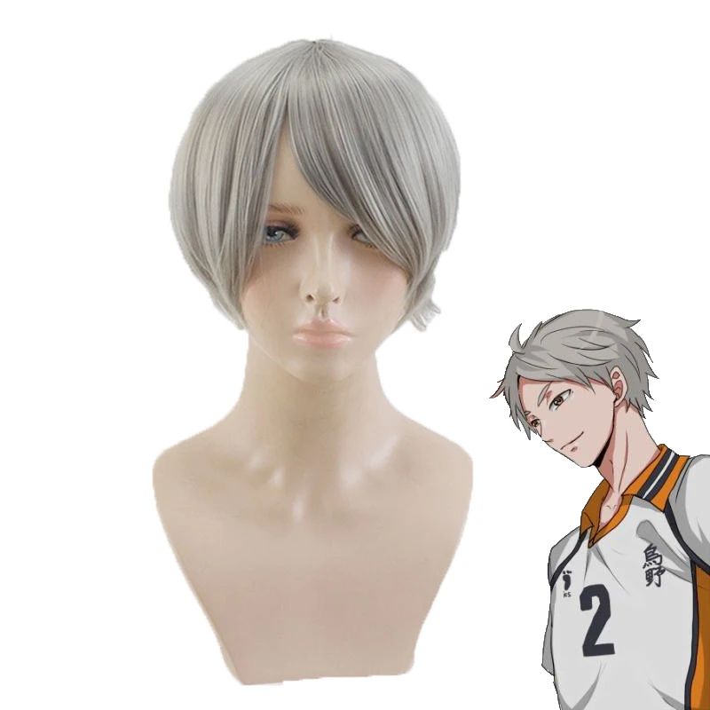 Haikyuu! Sugawara Koushi Косплэй парик небольшого размера серый высокое Температура