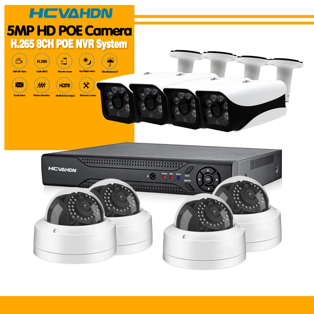 Черный HCVAHDN 8CH 5MP POE NVR Xmeye CCTV система 4.0MP Крытый Открытый PoE IP камера IR ночного видения комплекты видеонаблюдения - Цвет: Черный