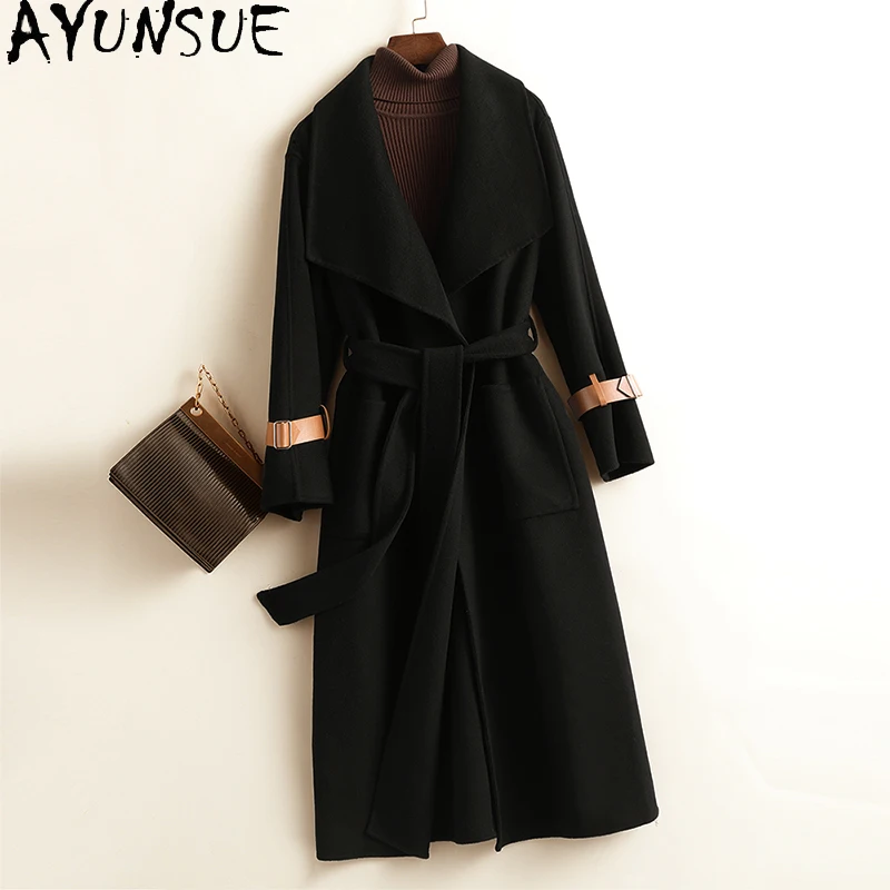 

AYUNSUE Winter Long Wool Coat Female Autumn 2021 Casaul Double-sided Woolen Coat Women Korean Style Outwear Manteau Femme Gxy325
