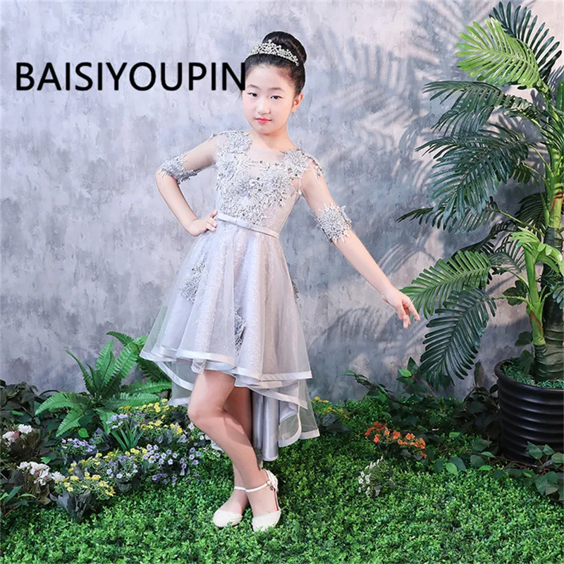 Г. Платья для девочек с круглым вырезом и цветочным узором; Robe de Soiree Hi Low короткая длина до лодыжки, рукав с аппликацией