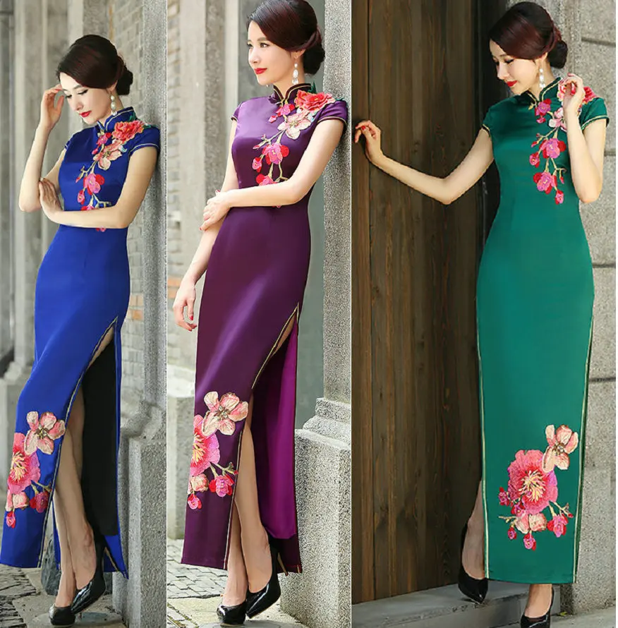 Женское элегантное вышитое длинное платье Cheongsam с коротким рукавом для свадебной вечеринки, Восточное Ретро женское платье Qipao, одежда официанта