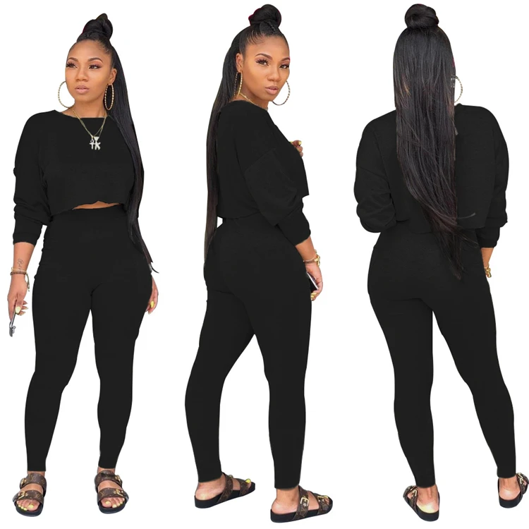 A080516 best price round neck solid candy color crop top pocket high waist ladies pants 2 piece sets