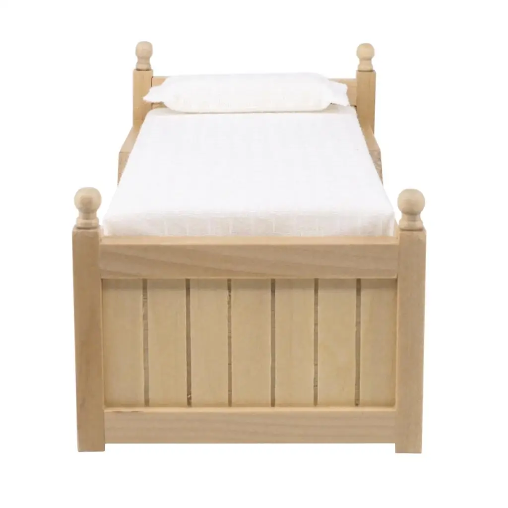 Wooden Dollhouse Bed, with Mattress, Dolls House Accessories, 1/12 Scale Dollhouse Miniatures Furniture