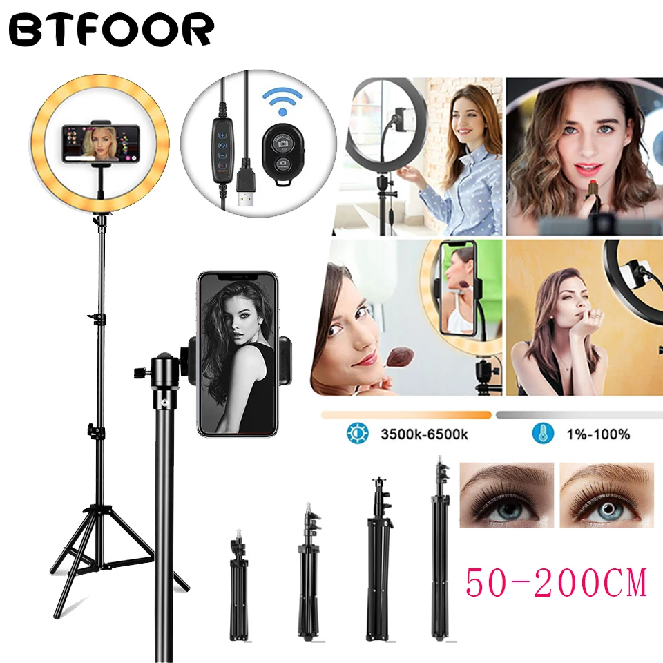 

50/200CM Tripod Stand Fill Lighting Photography Camera Photo Studio Circle Led Selfie Ring Light Phone Lamp Video TikTok Youtube