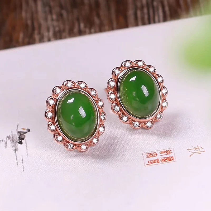 

Jadery 100% Natural Emerald Jasper Jade Gemstone Stud Earrings For Women Vintage 925 Sterling Silver Earrings Party Fine Jewelry