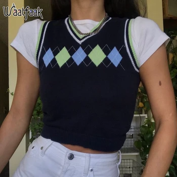 Image of Argyle Graphic Black Sweater Vest Women Elegant Winter Sleeveless 's Aesthetic Sweater Knit Vintage O Neck Crop Top YK Casual