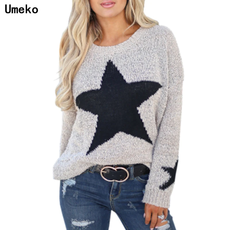 Umeko многоцветный осенний зимний женский свитер со звездами вязаный джемпер с круглым вырезом Свободный Повседневный теплый женский свитер пуловер