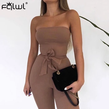 

FQLWL Casual Lace Up Strapless Knitted Sexy Rompers Long Ladies Jumpsuit Female Bandage Backless Bodycon Jumpsuit Women Overalls