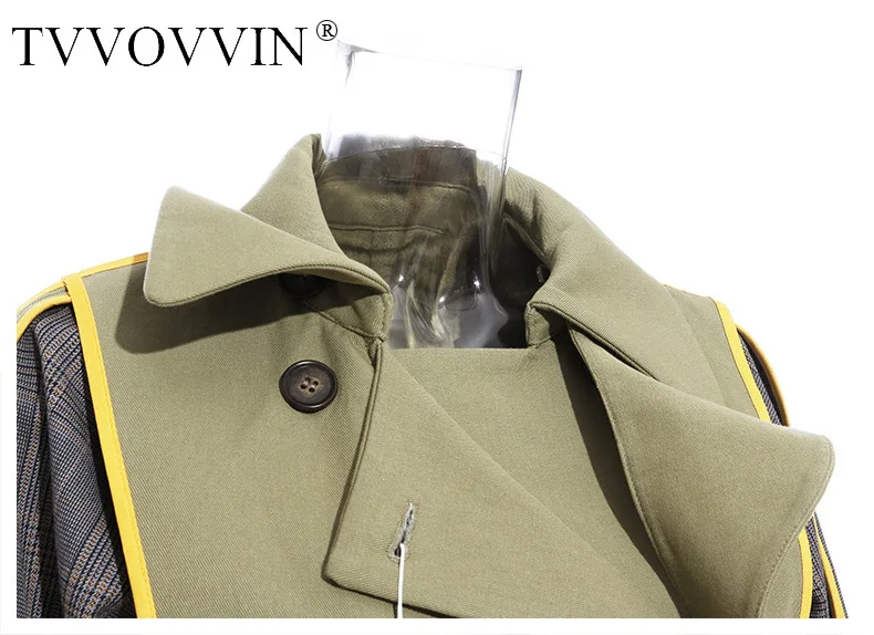 TVVOVVIN Personality Both Row Buckle Patchwork Hit Color Lattice Can Both Sides Clothes Long Fund Windbreaker Loose Coat ZX122