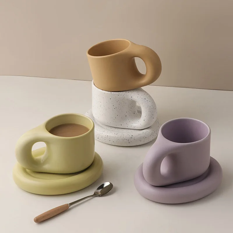 300ml Nordic Ceramic Speckled Bold Mug Plate set Coffee Milk Tea Cup Dinnerware Western Dish Dessert Plate Cake Rustic Dishware 2