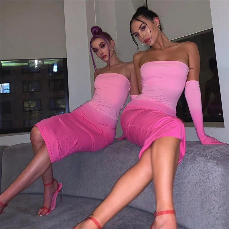 Ahagaga женские розовые платья без бретелек Bodycon с перчатками мода осень 2019 платье