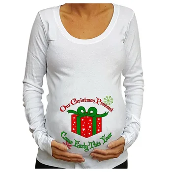 

Our Christmas Present Letter Print Tees Pregnant T Shirts Womens Long Sleeve Blouse For Maternity T-Shirt Xmas Clothes Plus Size