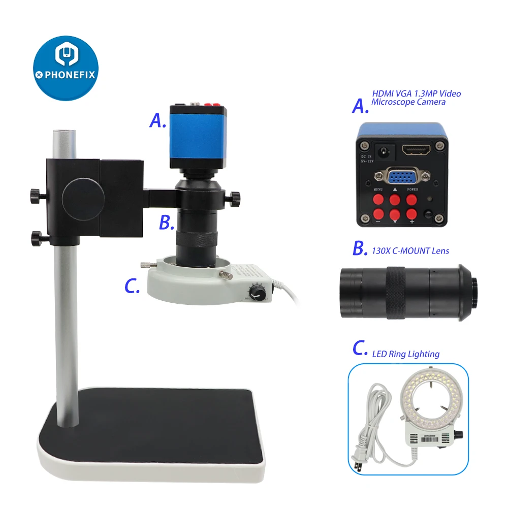 

1080P HD HDMI VGA Digital Microscope for Electronic Soldering Repair 130X C-Mount Lens 13MP Microscope Camera 56 LED Ring Light