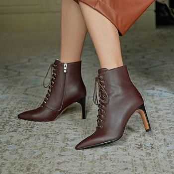 

Women Ankle Boots Cow Leather Lace Up Square Toe Autumn Spring Women Boots Casual Boots Female Riding Boots