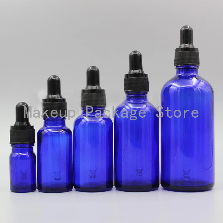 

2/10pcs 5ml 10ml 15ml 20ml 30ml 50ml 100ml Empty Blue Glass Essential Oil Dropper Bottle with Black Cover Refillable Container