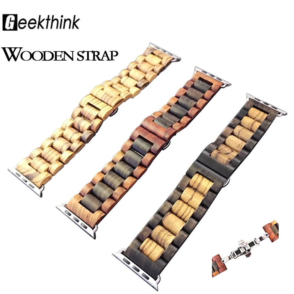 

Wood strap for Apple watch band 5 4 44mm 40mm iWatch 3 band 42mm 38 mm bracelet Natural Red Sandalwood+Stainless steel watchband