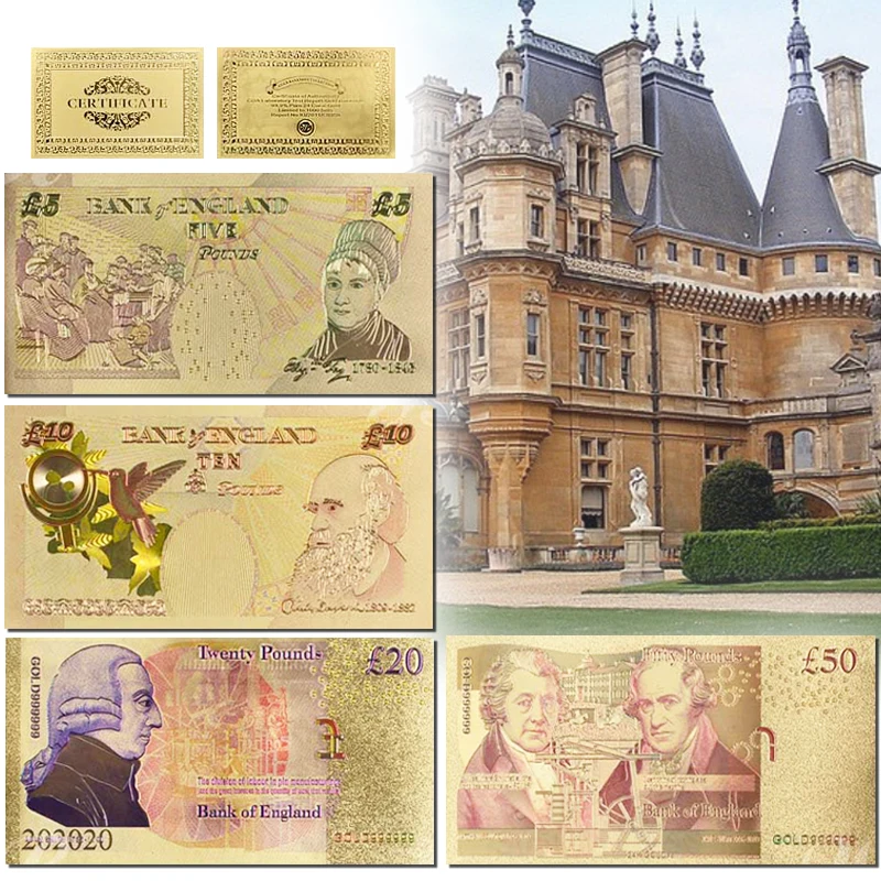 Uk 5.10.20.50 British Pound Money Paper Banconote In Oro 24K Banconote Placcate In Oro Per La Raccolta